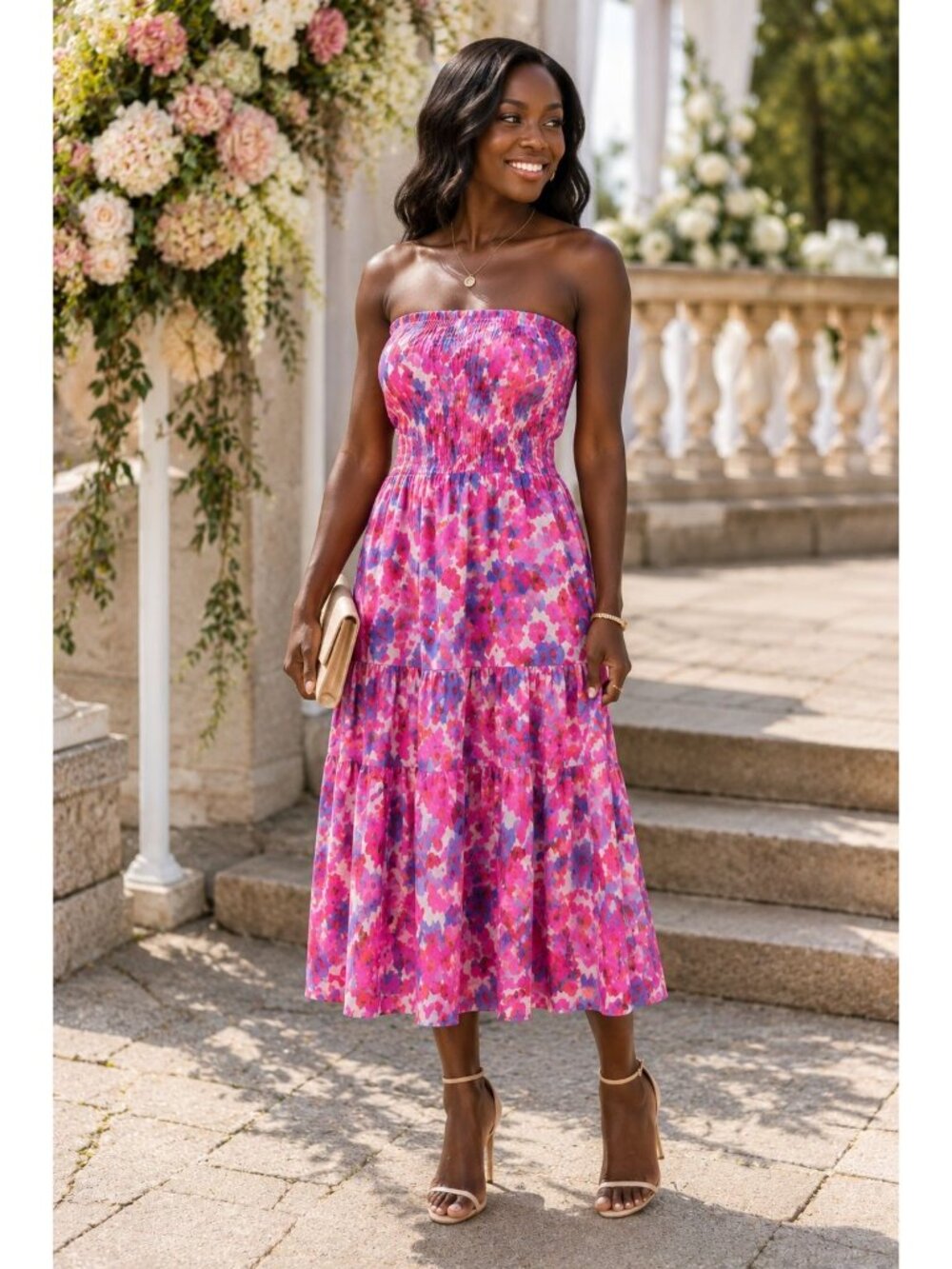 Here Comes the Sun Women’s Pink Floral Sleeveless Midi Wedding Guest Dress Size